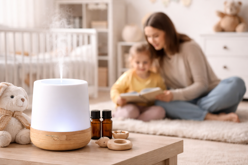 Difuzér s esenciálním olejem v dětském pokoji, jemná mlha a klidná atmosféra při společném čtení