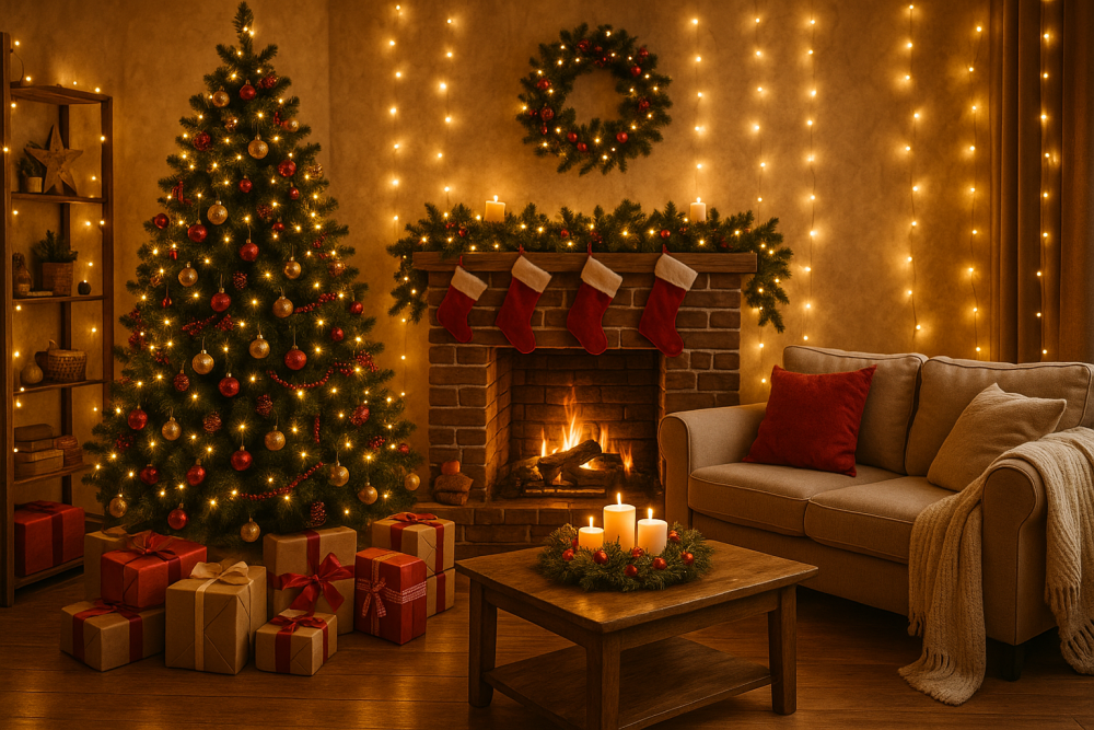 Salon cosy décoré pour Noël avec guirlandes lumineuses, sapin, cheminée et bougies, créant une chaleureuse atmosphère festive.
