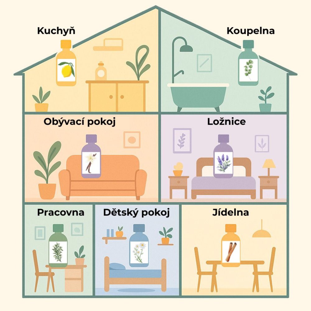 Illustration d'une maison avec les huiles essentielles recommandées pour chaque pièce