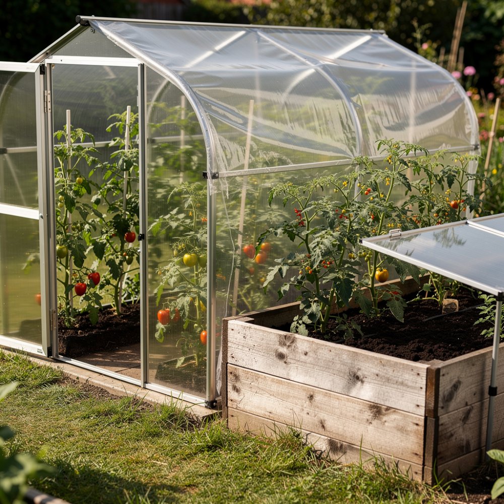 Serre, tunnel en plastique et châssis à chaleur dans le jardin Serre, tunnel en plastique et châssis à chaleur dans le jardin
