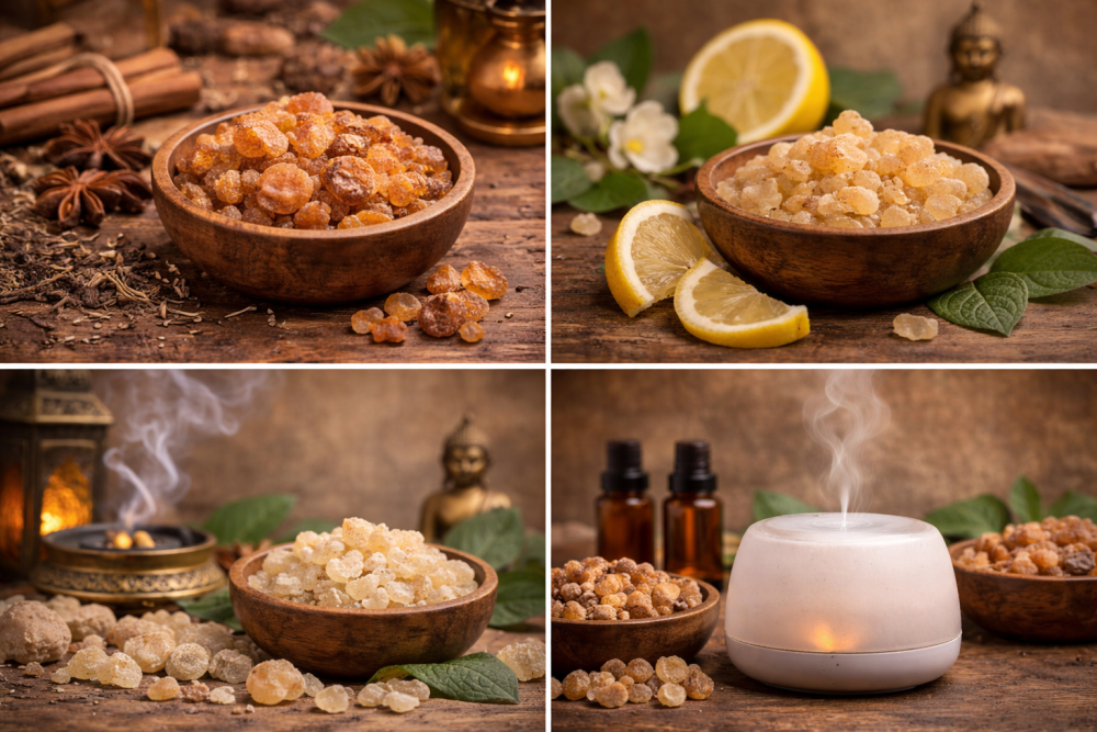 Coin de méditation avec diffuseur et huiles d'encens pour comparer les différentes espèces d'encens en aromathérapie domestique