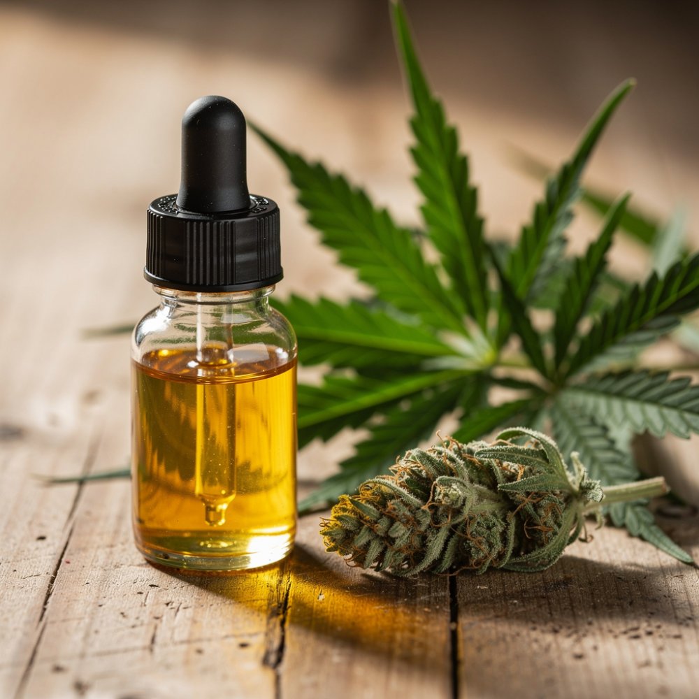 bouteille d'huile de CBD avec compte-gouttes et feuilles de chanvre