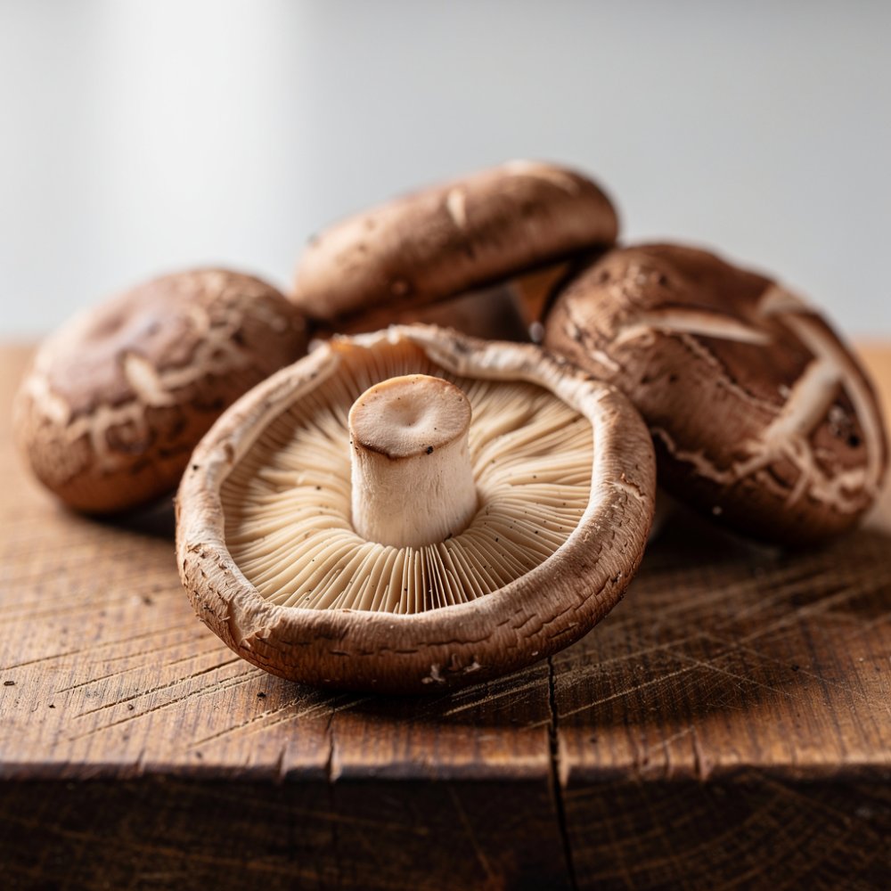 Champignons shiitake frais sur une planche en bois