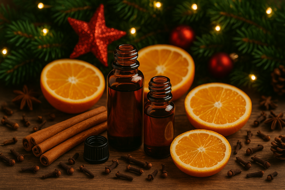 Huiles essentielles avec des tranches d’orange, de la cannelle et du clou de girofle dans une composition de Noël.