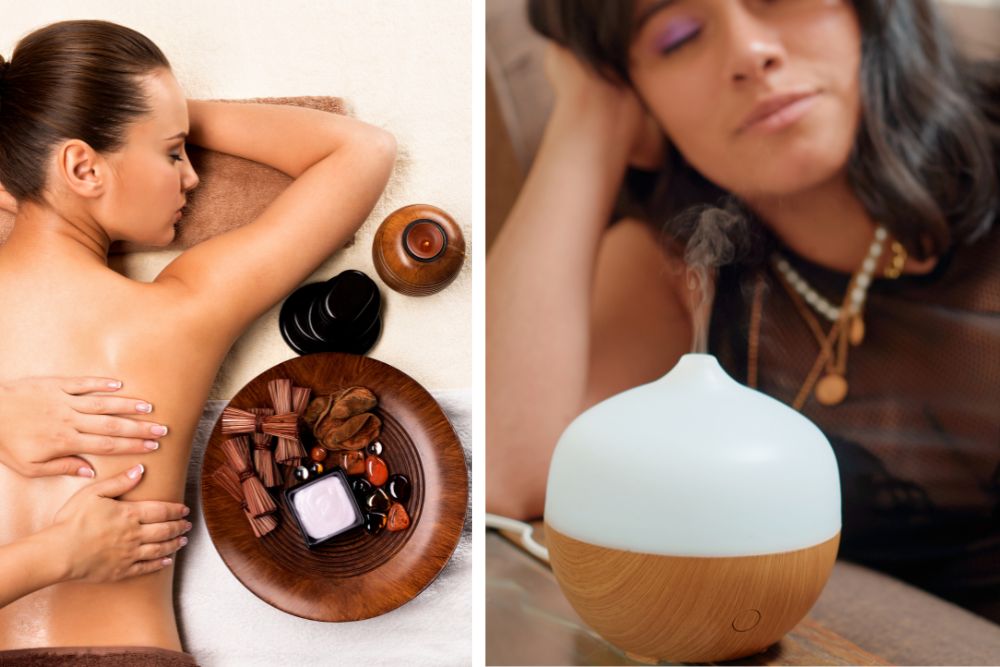 Aromathérapie de détente – diffuseur avec huile essentielle et bougies dans un cadre paisible