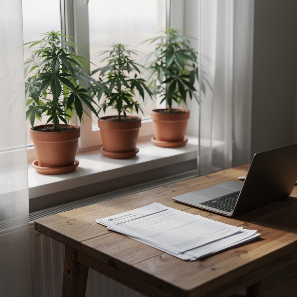 Culture légale du cannabis – trois plantes dans un intérieur domestique