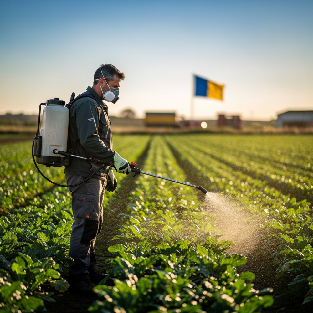 Un agriculteur inspecte les cultures avec un pulvérisateur, des gouttelettes sur les feuilles, journée ensoleillée Un agriculteur inspecte les cultures avec un pulvérisateur, des gouttelettes sur les feuilles, journée ensoleillée