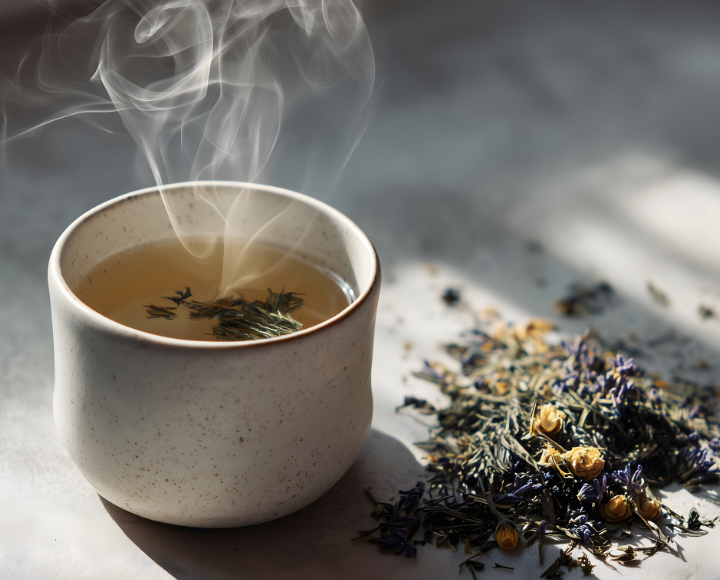 Tasse d’infusion chaude aux herbes et herbes séchées sur une table.