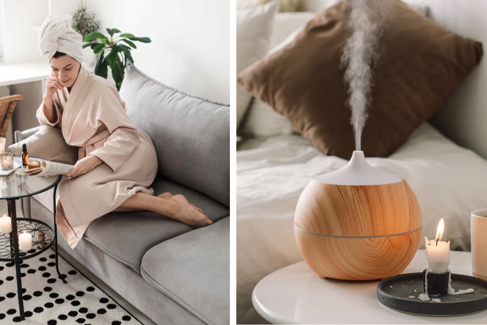 Aromathérapie à la maison avec des huiles essentielles – repos, diffuseur et bougies après le repas