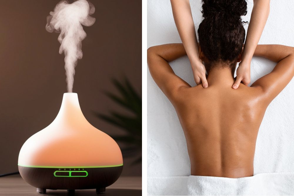 Diffuseur d'arômes avec huile essentielle et massage relaxant du dos pour l'aromathérapie