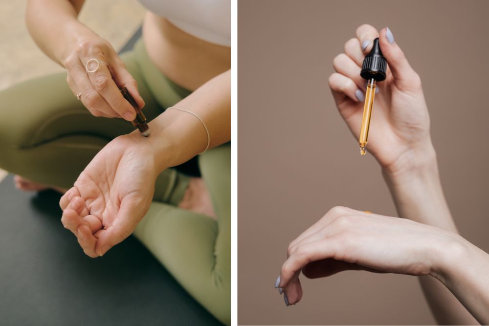 Main appliquant une huile essentielle diluée sur l'avant-bras pour un test de sensibilité cutanée.