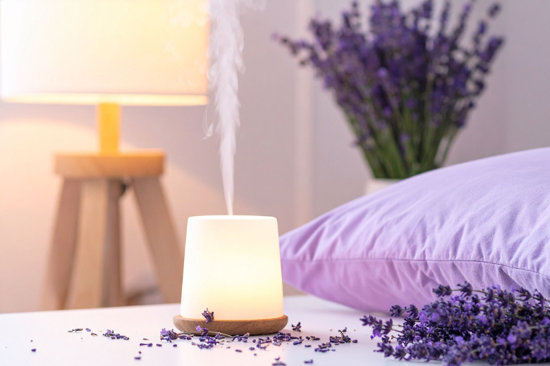 Diffuseur d’arômes avec de la lavande sur une table de chevet dans la chambre.