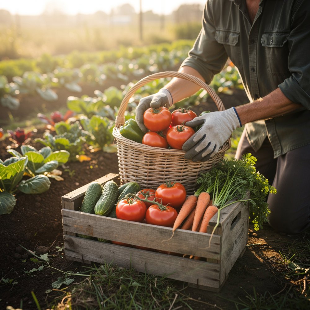 Le jardinier charge la récolte fraîche dans des caisses en bois