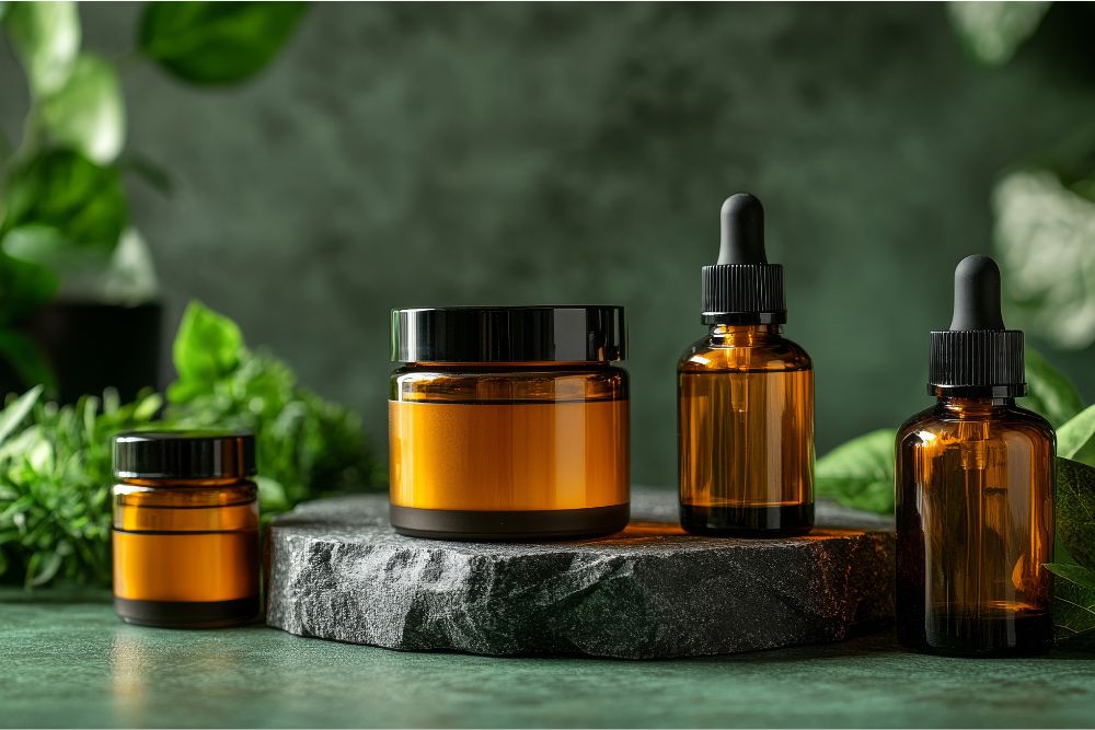 Flacons d'huiles essentielles sur un fond naturel – cosmétique naturelle.