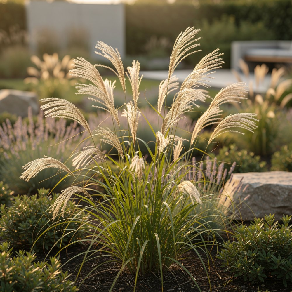 Herbes ornementales ondulant dans un jardin moderne Herbes ornementales ondulant dans un jardin moderne