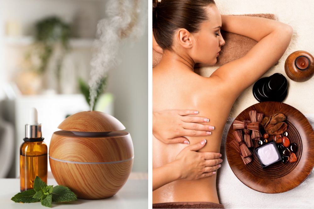 Flacons en verre d'huiles essentielles pour l'aromathérapie et la bonne humeur