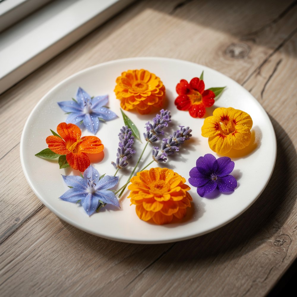Mélange coloré de fleurs comestibles sur une assiette Mélange coloré de fleurs comestibles sur une assiette