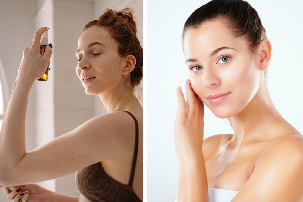 Utilisation de l'huile essentielle d'arbre à thé dans les soins quotidiens – spray, application sur le visage, mélange avec une huile.