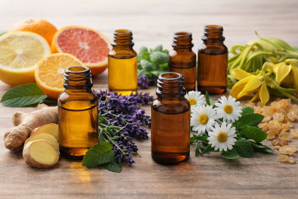 Huile essentielle de gingembre avec agrumes, lavande, menthe et camomille