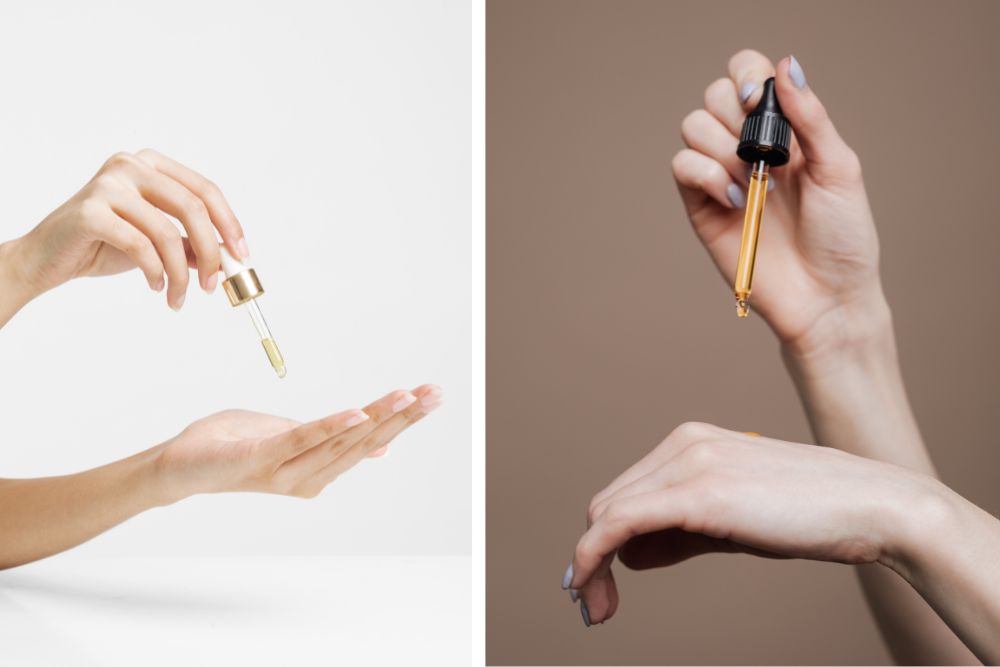 Application d’une huile essentielle au compte-gouttes sur la peau de la main dans le cadre d’un soin d’aromathérapie.