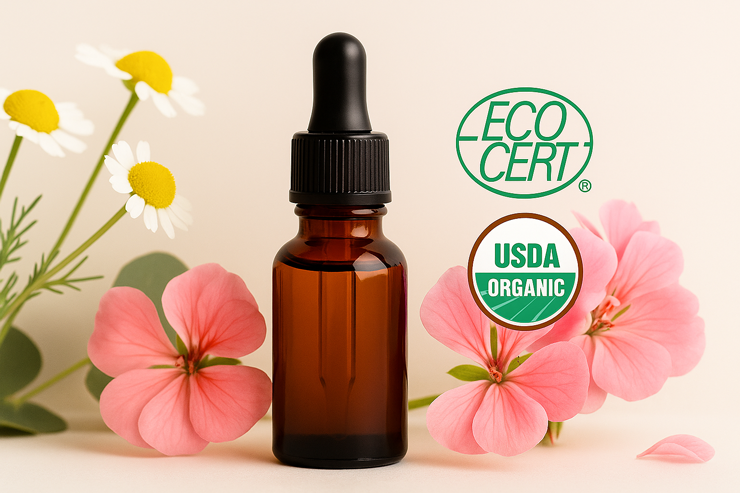 Flacon d'huile essentielle avec des fleurs et les logos ECOCERT et USDA Organic.