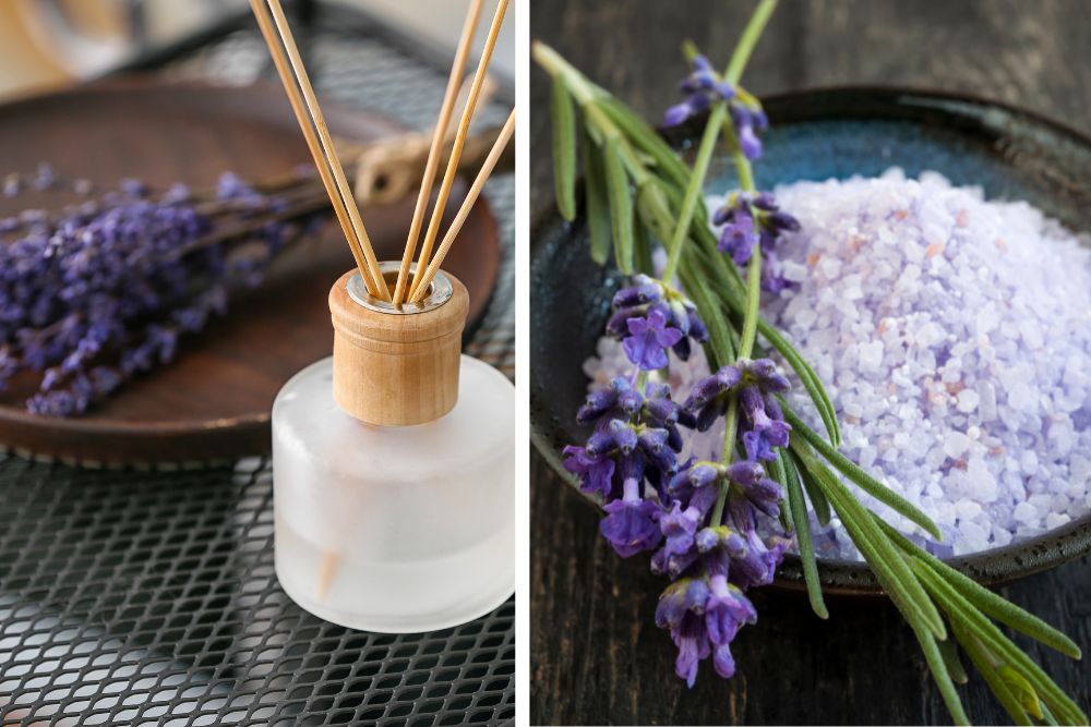 Fleurs de lavande et huile essentielle pour l'aromathérapie à domicile et les soins de la peau