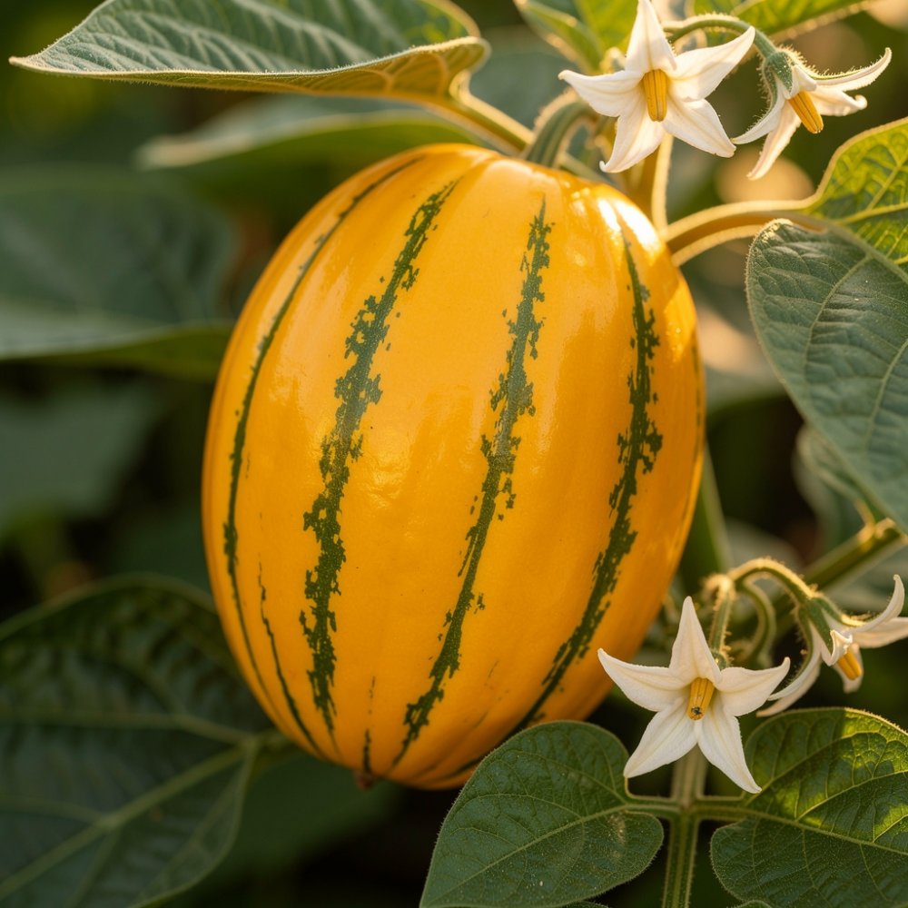 Pepino gold mûr sur la plante, fruit jaune-orangé avec des bandes vert foncé Pepino gold mûr sur la plante, fruit jaune-orangé avec des bandes vert foncé