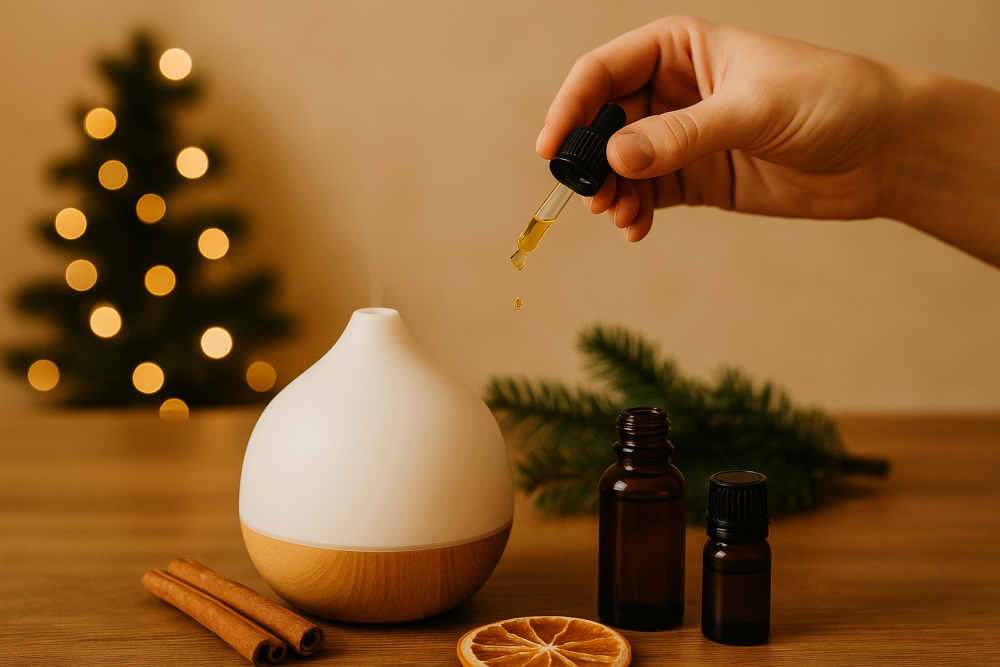 Goutte d’huile essentielle tombant dans un diffuseur d’arômes entouré de décorations de Noël.