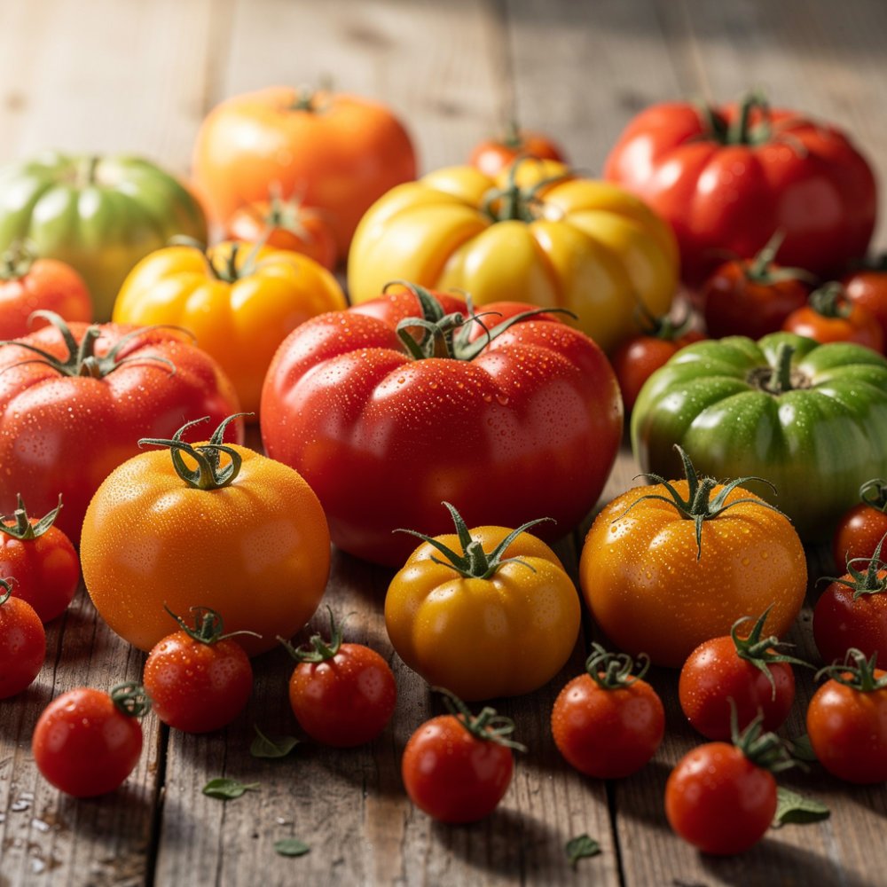 Différentes variétés de tomates fraîches sur un fond en bois