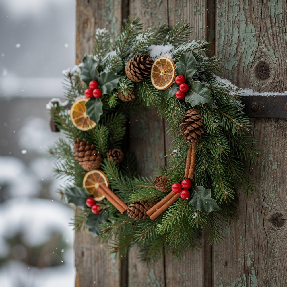 Couronne de Noël en aiguilles, cônes et fruits secs sur une porte en bois