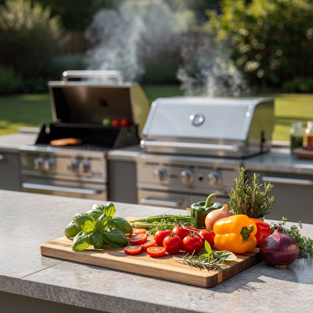 Cuisine extérieure moderne avec grill et herbes fraîches Cuisine extérieure moderne avec grill et herbes fraîches