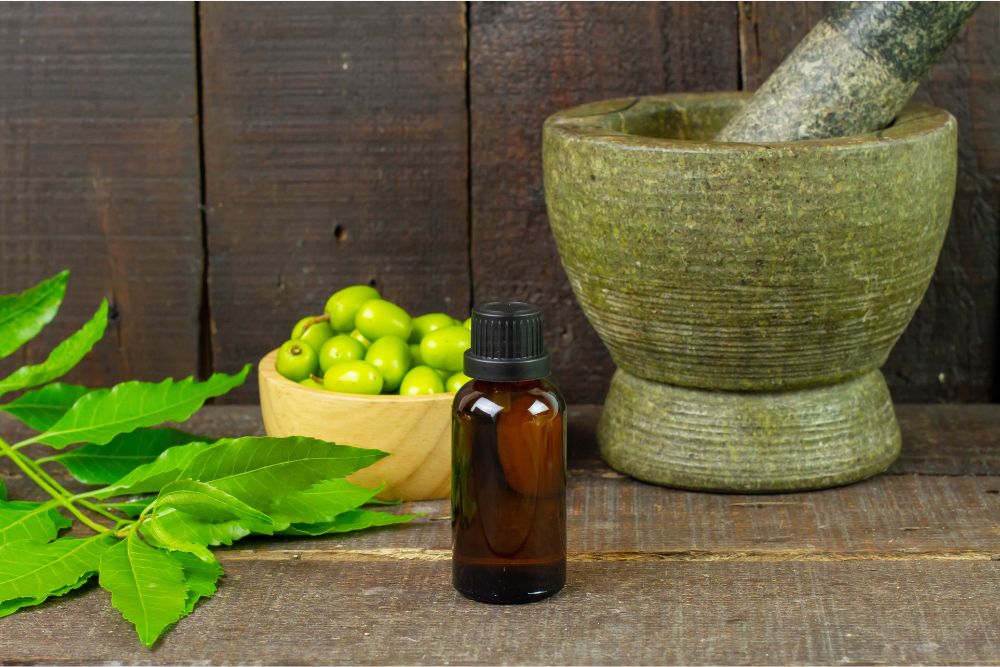 Huiles essentielles ayurvédiques et plantes sur un fond en bois