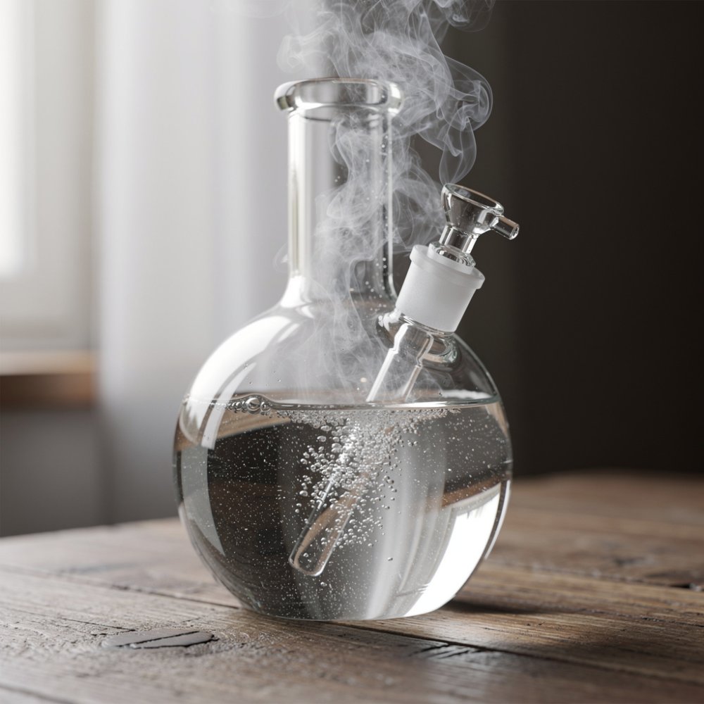 Bong en verre à eau avec eau et fumée