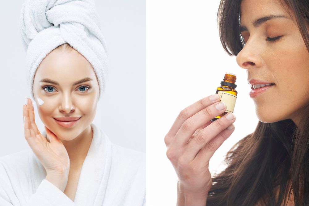 Femme appliquant une crème à l'huile essentielle de lavande et respirant le flacon en aromathérapie – soins naturels de la peau.
