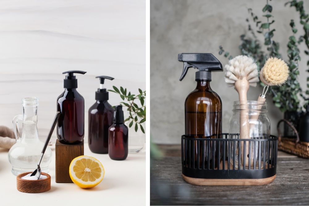Produits d'entretien naturels à l'huile de citron sur un plan de travail de cuisine